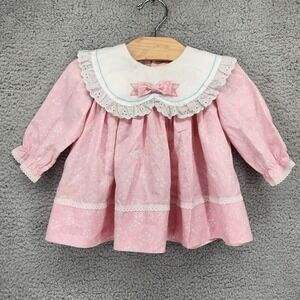 Vintage Baby Girl Dress 12 Months Pink Floral Long Sleeve Peter Pan Collar